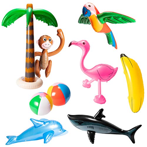 R HORSE Inflatable Palm Tree Flamingo Banana Beach Ball Parrot Beach Pool Toys for Tropical Hawaiian Luau Party Summer Pool Beach Party Decorations - style: Palm Tree+Flamingo+Banana+Beach Ball+Parrot+Monkey+Shark+Dolphin