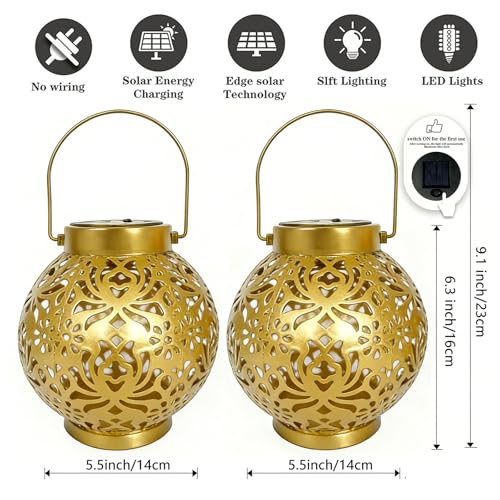2 Pack Solar Lanterns Outdoor Gifts, IP44 Waterproof Hanging Solar Lights Decor Lamp for Garden, Patio, Pathway, Yard, Porch (Shiny Gold Flower) - color: Shiny Gold Flower