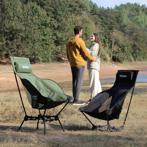 Wildhiker Compact High Back Camping Chair - Foldable with Dual Sitting Modes, Pillow, Arm Pads and Side Pockets - Lightweight Portable Chair for Motorcycle, RV, Festival, Travel - Black - color: Black