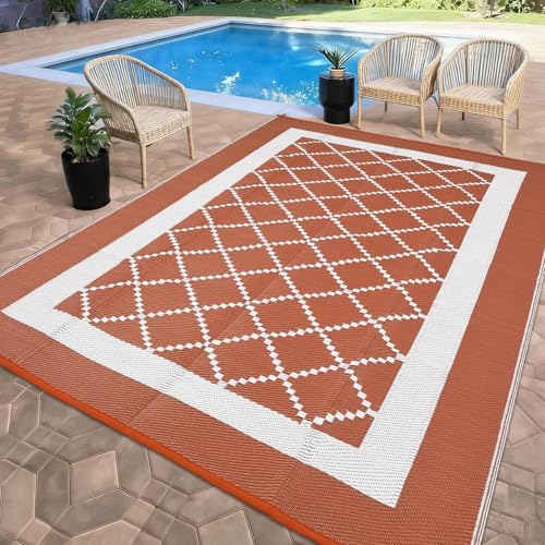 Garvee Outdoor Plastic Straw Rug 10x20 for Patios Modern Bordered Reversible Camping Carpet, Waterproof Outdoor Mat with 4 Stakes and Storage Bag for RV, Picnic, Backyard, Deck, Balcony, Porch, Beach - color: Geometric|terracotta, size: 10' x 20' (Rectang