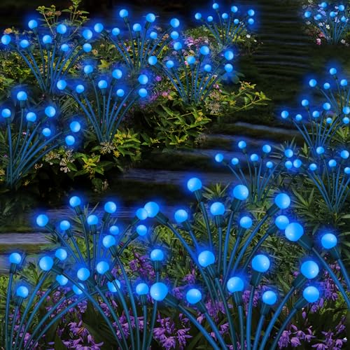 Kohlrabi Solar Garden Lights Outdoor, 6 Pack 48 LED Blue Firefly Lights Waterproof, Sway by Wind, Solar Wind Swaying Light for Yard Patio Backyard Garden Planter Flower Bed Pathway Decoration - color: Blue, size: 6 pack