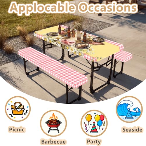 Picnic Table Cover with Bench Covers Elastic Edges, Outdoor Patio Camping Essentials 72 Inch 3PCS, Waterproof Camping Fitted Tablecloth with Handbags (Pink check daisy cow) - color: Pink checkered cow