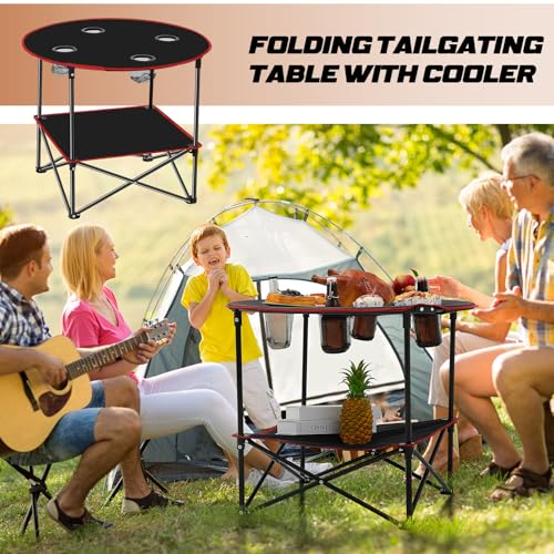 Soaoo 2 Pcs Folding Camping Table with 4 Mesh Cupholders 2 Tier Portable Folding Table Round Lightweight Fabric Compact Carrying Case Beach Table for Summer Outdoor Tailgating Fishing Hiking - color: Black