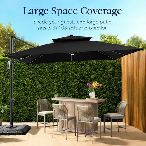 Best Choice Products 9x12ft LED Cantilever Patio Umbrella w/Base Included & 360° Rotation, Large Solar Offset Hanging Outdoor Sun Shade for Deck, Backyard Table w/Stand & Lights – Black - color: Black, size: 9x12ft