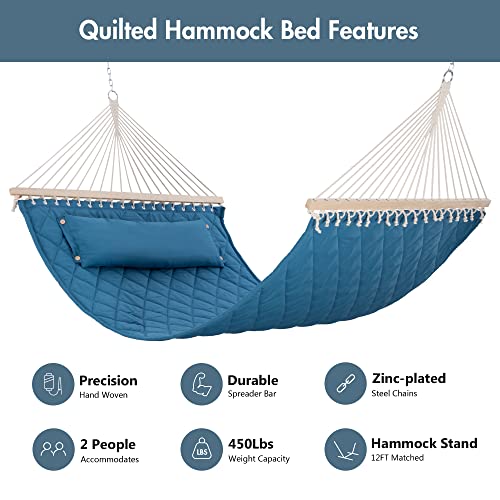 ANOW Quilted Hammock with Spreader Bars and Detachable Pillow, Large Hammock for Outdoors Indoors, 450 LBS Weight Capacity, Blue - color: Blue, size: 2 Person Without Stand