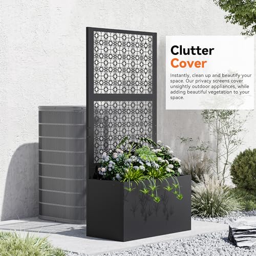 Modern Shade Metal Planter Box with Trellis Privacy Screen, 6x3 FT Large Raised Garden Bed, Multi-Functional Privacy Screen Outdoor with Drainage Holes for Climbing Plants, Petal Weave - size: 1 PC (Petal Weave) with Planter Box