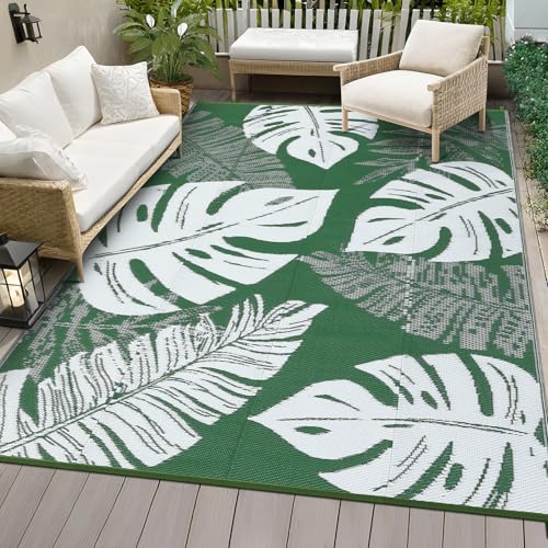 Waterproof Outdoor Patio Rug 9x18 ft, Reversible Plastic Straw Area Rug, Camping Rug Carpet, Portable Outdoor Area Rug, for RV, Camper, Deck, Balcony, Porch, Beach, Picnic - Green/White - color: Green & White, size: 18' x 9' (Rectangular)