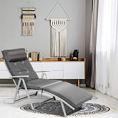 Tangkula Outdoor Folding Chaise Lounge Chair, Lightweight Recliner Chair w/ 7 Adjustable Backrest Positions, Patio Reclining Beach w/Removable Cushion & Pillow for Patio Poolside No Assembly Required - color: Grey