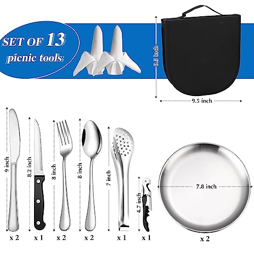Camping Silverware Kit Cutlery Organizer Utensil Picnic Set Stainless Steel Plate Spoon Clip and Serrated Knife Wine Opener Fork Napkin Hiking - Camp Kitchen BBQ’s - color: Camping Silverware Set-13set