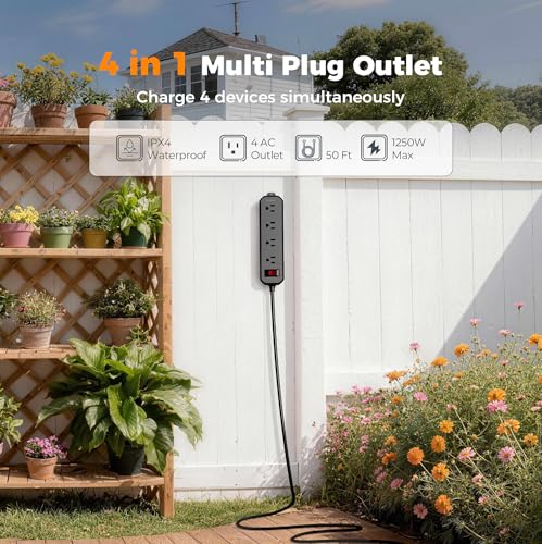 TESSAN Outdoor Power Strip Weatherproof, 50FT Extension Cord Waterproof with 4 Outlets 1 Switch (1250W), Surge Protector 1700J, Wall Mountable for Home Office and Patio Christmas Lights, Black - size: 50FT