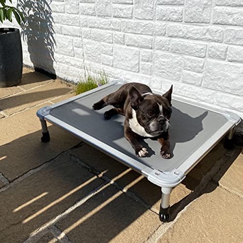 Veehoo Chew Proof Elevated Dog Bed - Cooling Raised Pet Cot - Silver Aluminum Frame and Durable Textilene Mesh Fabric, Unique Designed No-Slip Feet for Indoor or Outdoor Use, Grey, Medium, CWC2003 - color: Gray, size: 32.0"L x 25.0"W x 7.0"Th