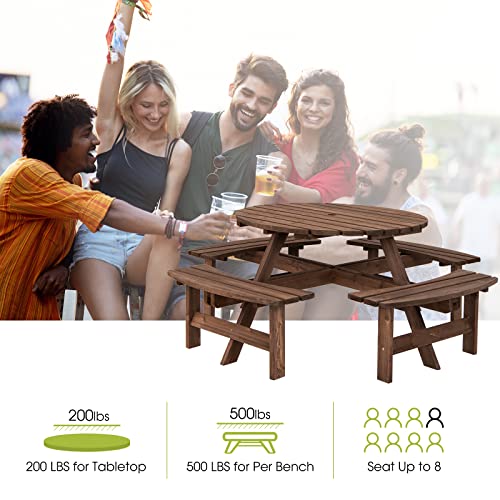 Giantex Wooden Picnic Table Set with Wood Bench, 4 Adults or 8 Kids Outdoor Round Table with Umbrella Hold Design, Perfect for Outdoor Garden Yard Pub Beer Dining, Dark Brown - size: 70.5"L×70.5" W×27.5" H