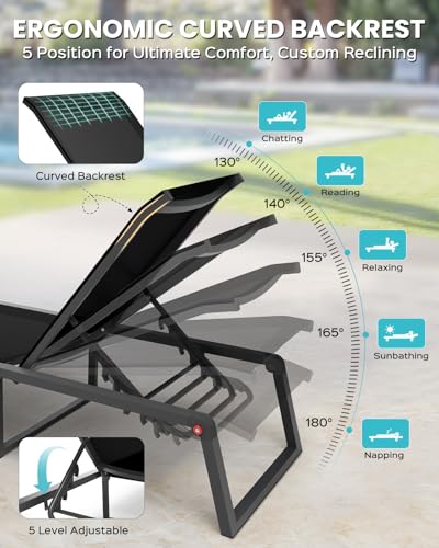 Aluminum Chaise Lounge Chair Outdoor, Foldable& No Assembly Patio Pool Lounge Chairs 5-Position Recliner for Outside, Fully Grounded Legs Sun Lounger for Poolside, Black, 2 Pack - color: Black, size: 2