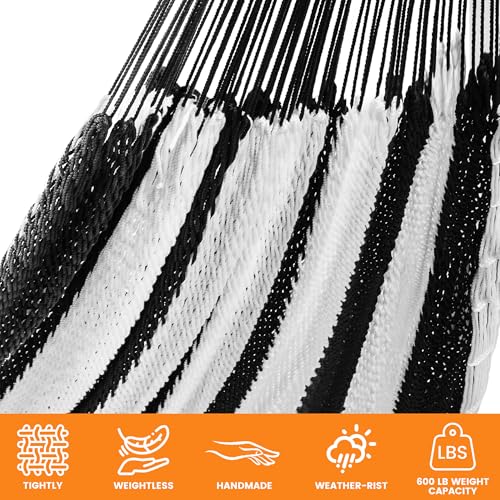 Lazy Daze Hammocks Handwoven Mayan Hammock with Heavy Duty Steel Stand, 10.5 FT Soft Rope Double Hammock for Patio Outside, 550 lbs Weight Capacity, Black/White - color: Black/White