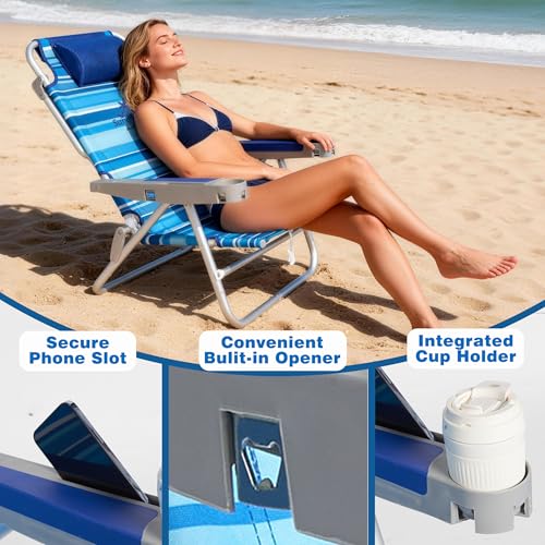 SUNNYFEEL Extra Wide 28" Low Beach Chair 5 Position Lay Flat, XL Oversized Portable Folding Camping Chairs with Cup Holder for Outdoor/Trip, Lightweight Foldable Backpack Beach Chair for Adults - color: Lightblue Stripe, size: 1-PACK