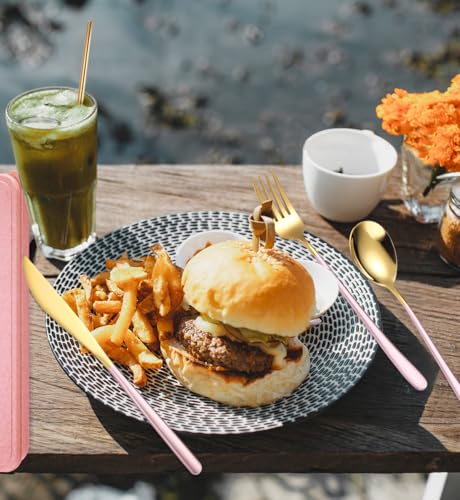 AARAINBOW 6 Pieces 18/8 Stainless Steel Flatware Set Portable Reusable Cutlery Set Travel Utensils Set Including Chopsticks Knife Fork Spoon Straws Cleaning Brush Dishwasher Safe (Pink golden) - color: Pink golden