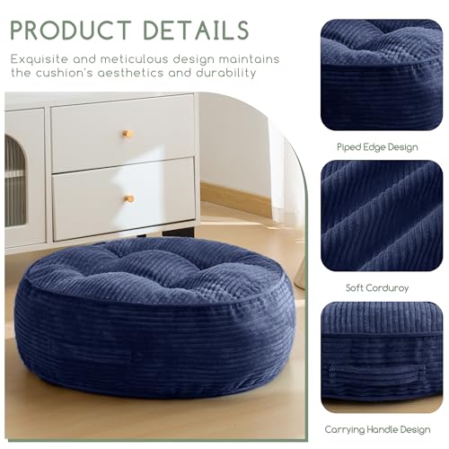 HIGOGOGO 8" Extra Thick Floor Pillow Cushion for Adults, Meditation Cushion Pillow, Large Round Floor Sitting, Tufted Corduroy Cover, for Tatami Living Room or Yoga, 22x22 Inch, 2Pack, Navy - color: Round Navy, size: 8" Thick(Pack of 2)