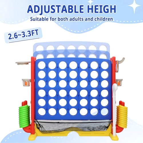 Giant 4-in-A Row Connect Game Set, Height Adjust Jumbo Yard Game for Kids & Adults w/Mesh Catching Bag, Basketball Hoop, Ring Toss & Mini Golf, Family Party 4-to-Score Indoor/Outdoor Games - color: Blue Red
