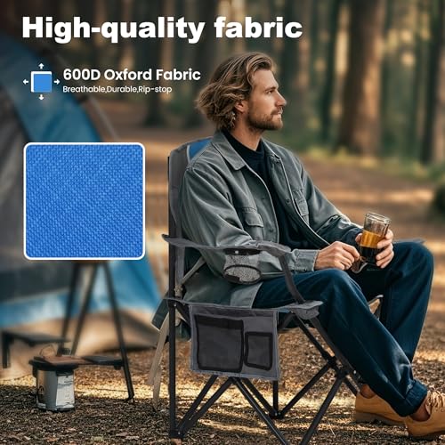 LET'S CAMP Oversized Outdoor Folding Camping Chair, 2 Pack Heavy Duty Arm Chairs with Cup Holder and Storage Bag, 350 LBS Weight Capacity, Blue - color: Blue Grey, size: 2 Packs