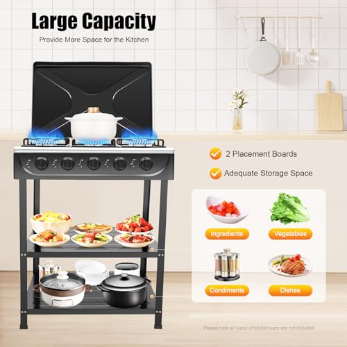 5 Burner Gas Stove with Wind Shield Portable 2.5KW Natural Gas Stove with 2 Storage Shelves for RV Apartment Outdoor Cooking - style: 5 Burner-Black