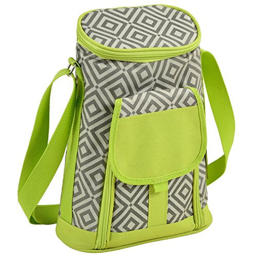 Picnic at Ascot Stylish 2 Bottle Insulated Wine Tote Bag With Cheese Board, Granite Grey/Green