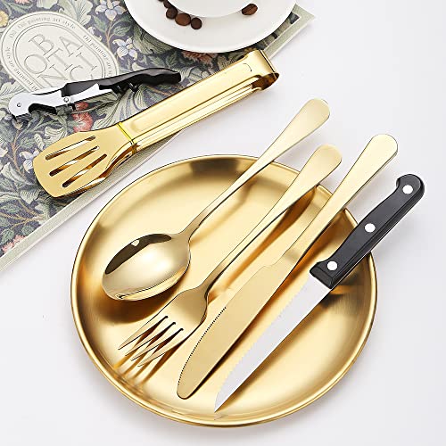 Picnic Dishes Utensils Gold Camping Flatware Set for 4 Portable Dinnerware Plates Silverware Forks Spoons knives Bottle Opener Food Tongs Complete Kit with Zipper Bag - size: 20, style: Gold Camping Flatware