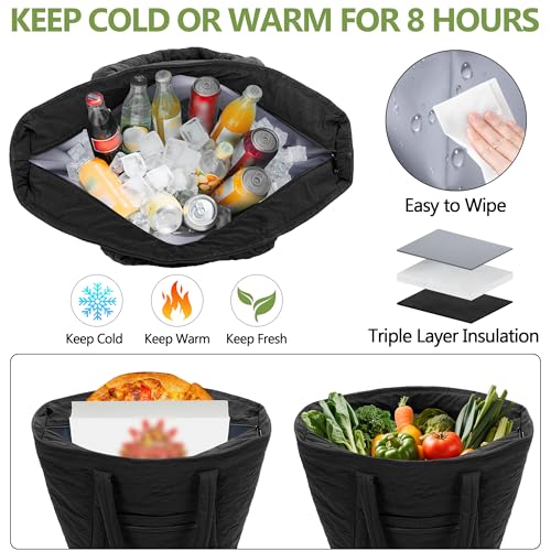 Fasrom Insulated Cooler Tote Bag Holds 30 Cans, Large Leakproof Grocery Bag with Zippered Top, Soft Sided Shopping Bag for Groceries, Food, Drinks, Suitable for Beach, Picnic and Outdoor Use, Black