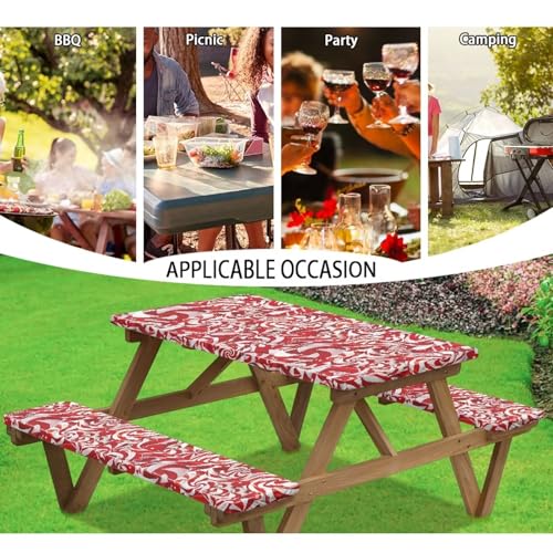 Xmas Elastic Fitted Table Cloth for Camping Party Supplies 3 PCS Set Christmas Swirl Candy Outdoor Picnic Table Cover with Bench Covers - color: Christmas Swirl Candy, size: Small