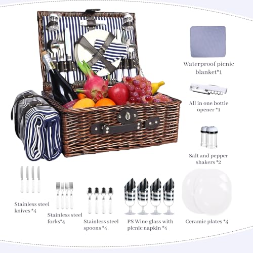 Neti Neti Wicker Picnic Basket for 4 with Insulated Cooler & Waterproof Blanket – Large Willow Picnic Hamper for Outdoor, Camping, Beach, Romantic Dates, Valentine’s Day - color: Blue Stripe