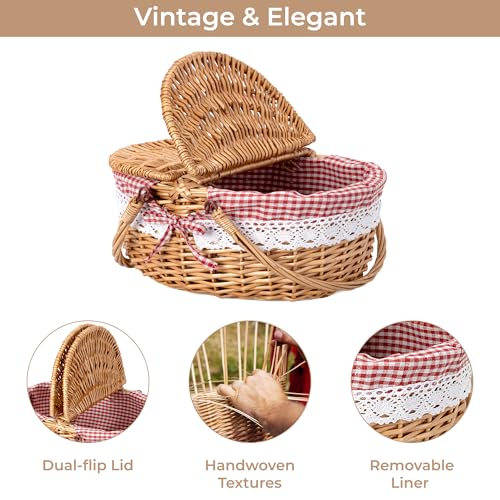 GRANNY SAYS Picnic Basket, Wicker Basket with Lid, Woven Cute Basket with Handle, Storage Basket with Washable Lining & Dual-Flid Lid, Natural Willow Picnic Hamper, Red Lining - color: Red