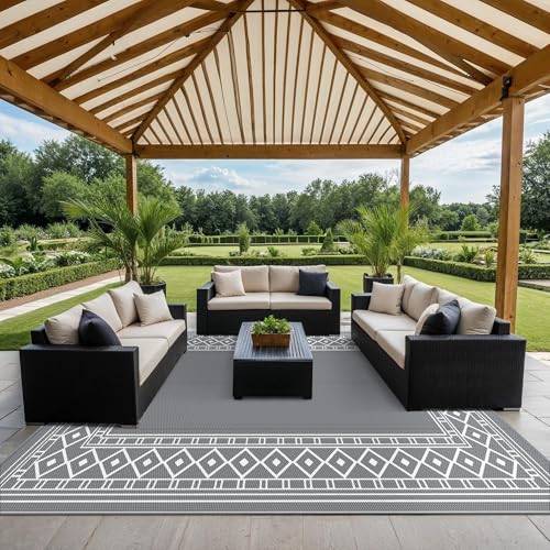 GENIMO Outdoor Rug Waterproof Area 10'x14' for Patio, Foldable Reversible Plastic Straw Carpet for Travel Trailers, Outside Mat for Rv, Deck, Picnic, Porch, Camper, Balcony, Beach, Grey & White - color: Grey & White | Natural, size: 10' x 14' (Rectangular
