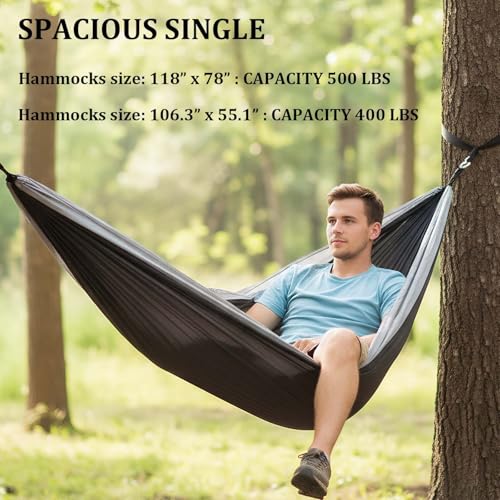 Camping Hammocks, Single Hammock with Tree Straps, Portable Lightweight Parachute Nylon Camping Gear for Outside Hiking Beach Backpack Survival Travel (Silver Gray) - color: Silver Gray