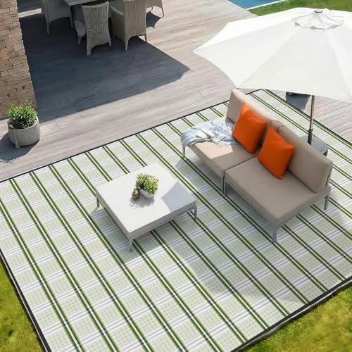 UPGRADE Waterproof Outdoor Rug 8x10 ft, Reversible Plastic Patio Rug, UV Resistant Straw Camping Mat with Carry Bag for RV Beach Deck Backyard, Green & White - color: Green & White, size: 8' x 10'