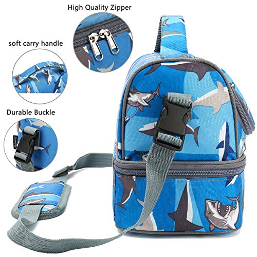FlowFly Kids Double Decker Cooler Insulated Lunch Bag Large Tote for Boys, Girls, Men, Women, With Adjustable Strap, Shark - color: Shark