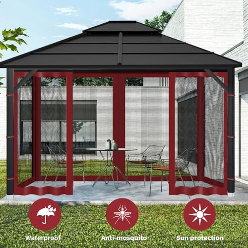 Gazebo Replacement Mosquito Netting Outdoor Universal Gazebo Canopy 4-Panels Screen Sidewalls with Zipper for Patio Garden (Red, 10x10) - color: Red, size: 10x10