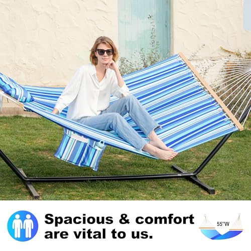 GAFETE 2 Person Hammock with Stand for Outside, 12ft Heavy Duty Steel Stand, Double Hammocks with Hardwood Spreader Bar, Large Removable Pillow, Side Pockets, Max 475 lbs Capacity (Ocean Blue) - color: Ocean Blue
