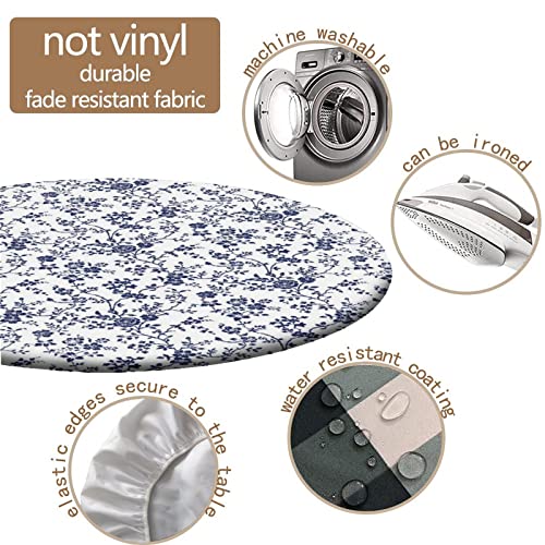 Blue Floral Fitted Tablecloth Round, Floral Pastoral Style Elastic Edge Table Cover, Polyester Table Pad Cloth for Indoor Fits Tables up to 24 in Diameter - color: Blue, size: 24" (Round)