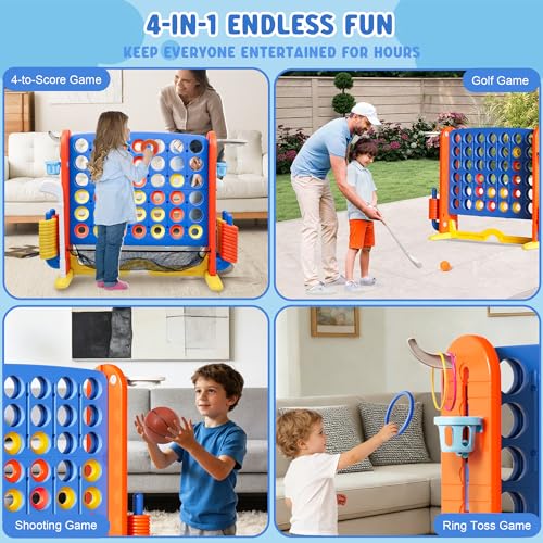 Wdmiya Giant 4 Outdoor Game Set, 4-in-1 Height Adjustable Jumbo 4-in-a-Row Game with Ring Toss, Basketball Hoop & Golf, Backyard Games for Kids & Adults, Includes Mesh Pocket (Upgrade Blue) - color: Upgrade Blue