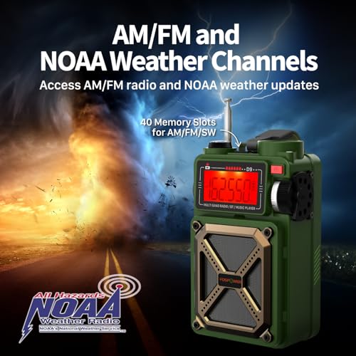 FosPower Emergency Weather Radio (Model D9) 14800mWh Power Bank, NOAA/AM/FM/Shortwave, Bluetooth 5.4, USB/Solar/Hand Crank Charging, Flash Light, SOS Alarm, IPX3 Rating for Indoor/Outdoor Emergencies - color: 10 - Model D9 - Dark Green