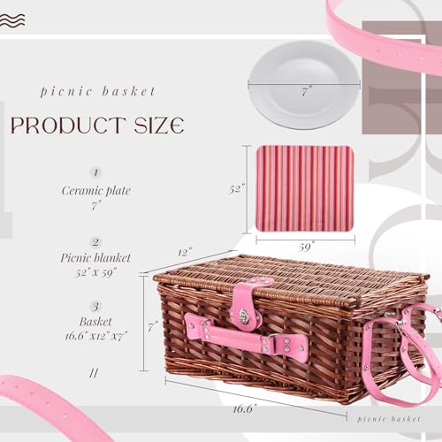 Picnic Basket Set for 4 with Waterproof Blanket Mat Insulation Bag Wicker Pink Stripe Classic Fresh Gift for Christmas Thanksgiving Wedding Birthday Camp Outdoor Beach Travel - color: Pink Stripes