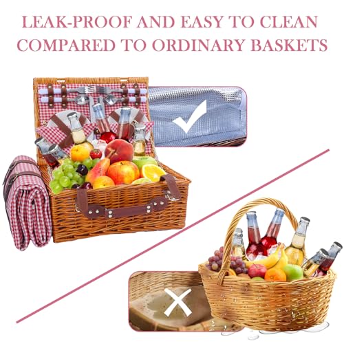 Neti Neti Wicker Picnic Basket for 4 with Insulated Cooler & Waterproof Blanket – Large Willow Picnic Hamper for Outdoor, Camping, Beach, Romantic Dates, Valentine’s Day - color: Red Plaid