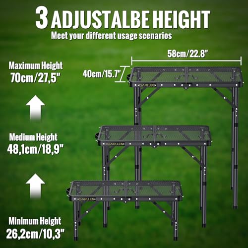 GARLLEN 2ft Folding Grill Table Max Capacity 66lbs, 3-Height Adjustable Folding Camping Table with Heat-Resistant Mesh Tabletop, Portable Aluminum Picnic Tables for BBQ, Outdoor, 22.8" L x 15.7" W - color: Black, size: Tabletop Size: 22.8"L x 15.7"W