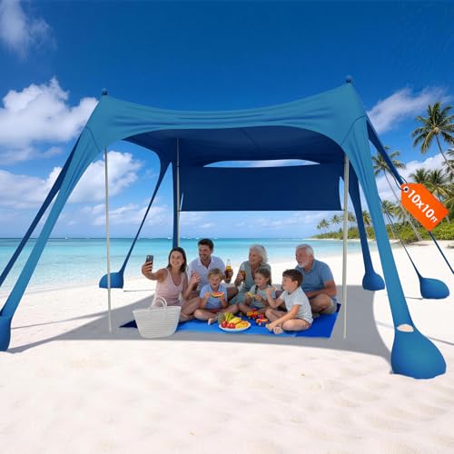HOPERAN Beach Tent Sun Shelter, UPF50+ UV Protection, 10x10FT Pop Up Shade Beach Canopy Windproof for Outdoor Camping, Fishing, Picnics with 8 Sandbags, 1 Beach Mat, 1 Sideshade, 4 Stability Poles - color: 10x10 FT Navy Blue