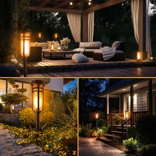 FoxFlame Metal Solar Torch Lights-Adjustable Height (24"-50"), Outdoor Garden Decor with Patented LED, Waterproof Solar Tiki Torches for Yard,Patio,Garden Pathway,Matte Black–2 Pack - style: Metal Torch