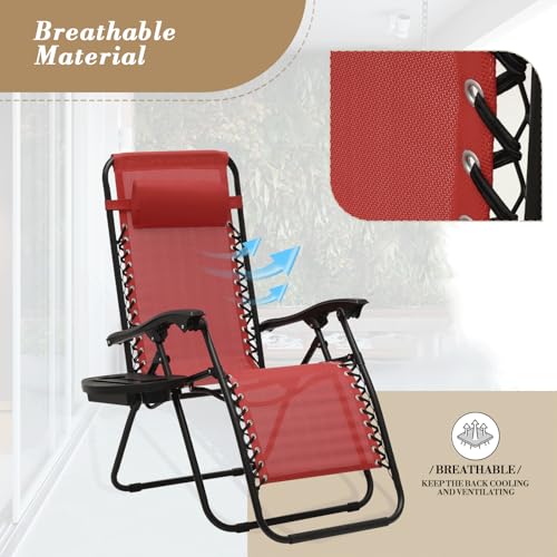Athena Collection Zero Gravity Outdoor Lounge Chair Set of 2 with Side Table, 25" Width Pool Lounge Lawn Chairs Reclining with Cup Holder, Outdoor Chaise for Beach Patio Backyard Outside, Dark Red - color: Dark Red, style: 25" Width
