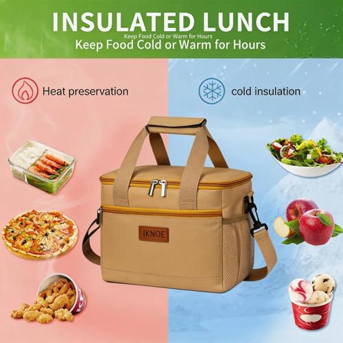 iknoe Insulated Lunch Bag, Foldable 8.5L Cooler Bag for Men & Women, Leakproof Thermal Design, Great for Office, Picnic, Travel, Lunch Box, Khaki - color: Khaki, size: Medium