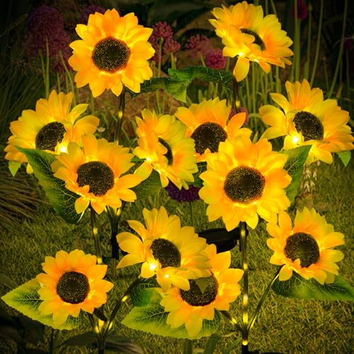 4-Pack Solar Sunflower Garden Decor, 12 LED Flower Stake Lights - Waterproof Long-Lasting Outdoor Solar Patio Decor for Lawn, Yard & Pathway - color: 4 Pack