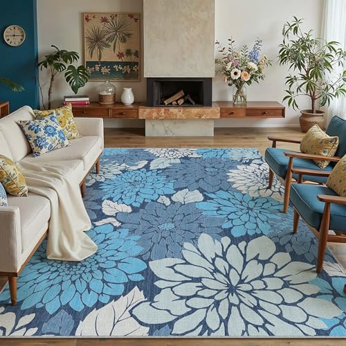 HUGEAR Floral Textured Weave Indoor Outdoor Area Rug 6X9 Washable High Traffic Stain Resistant Non Slip Durable Carpet for Livingroom Patio Deck Balcony Courtyard (Blue, 6' x 9') - color: Multi Floral / Blue, size: 6'x9' (Rectangular)