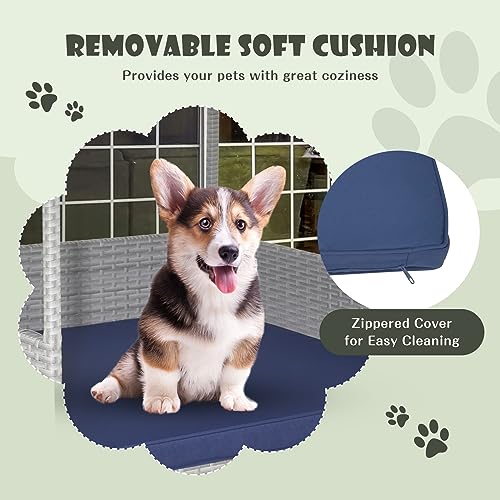 Giantex Wicker Dog House, Raised Rattan Dog Bed with Waterproof Roof, Washable Cushion Cover, Steel Frame, Indoor Outdoor Elevated Dog Bed Pet House for Small Medium Dogs Cats, Easy Assembly - style: Light Gray House & Navy Cushion