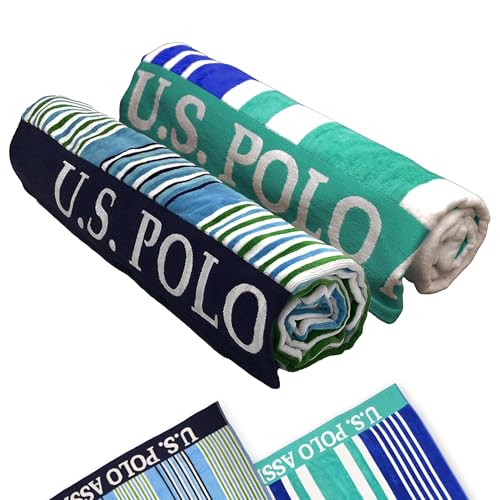U.S. Polo Assn. 2-Pack Luxury Plush Cotton Oversized (40" x 70") Beach Towels, Striped Nautical Design, Hotel Quality for Bath & Pool- Blue/Green - color: Blue/Green 2, size: 40" x 70"